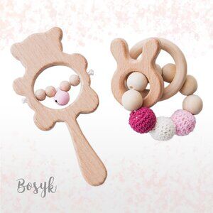 NEW - Rabbit Set  PinkTeether Wooden Rattles